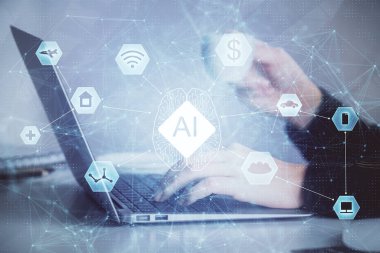 Bilgisayar ve veri temalı hologram çizimleri üzerinde çalışan kadın ellerine çok fazla maruz kalma. Teknoloji kavramı.