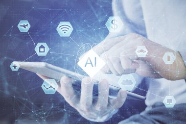 Erkeklerin el ele tutuşmaları ve dijital bir cihaz ve veri temalı çizimler kullanmaları. Yenilik kavramı.