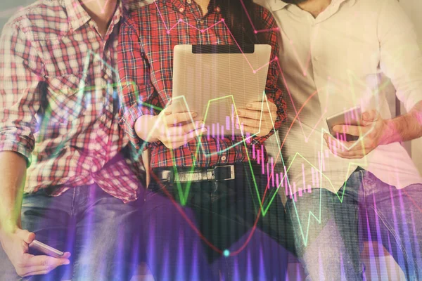 Double exposure of forex graph drawing and man and woman working together holding and using a mobile device. Trade concept. — Stock Photo, Image