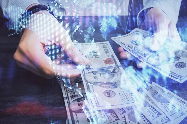 Multi blootstelling van de financiële grafiek tekenen hologram en Amerikaanse dollars rekeningen en man handen. Analyse concept. — Stockfoto