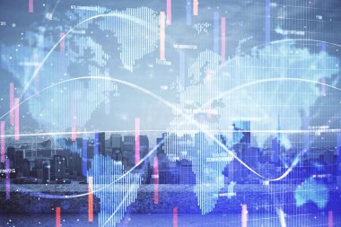 İş temalı hologram çizimine ve şehrin arka planına çifte maruz kalma. Başarı kavramı.