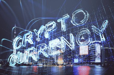 Kripto para birimi temalı hologram çizimine ve şehrin arka planına çoklu maruz kalma. Engelleme zinciri ve bitcoin kavramı.