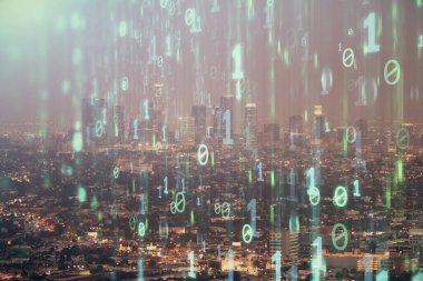 Veri temalı hologram gökdelenlerin arka planında çift pozlama ile şehir görünümüne çizim yapıyor. Ai kavramı.