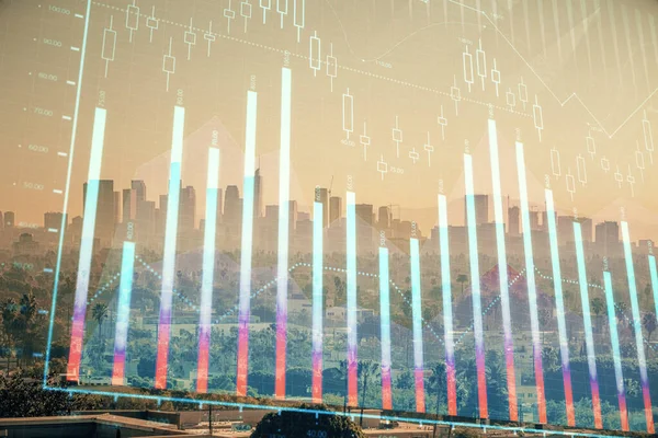 Forex diagram på stadsbilden med skyskrapor tapeter multi exponering. Finansiell forskning. — Stockfoto