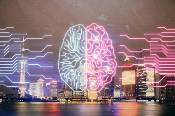 Brain hologram drawing on city scape background Double exposure. Konsep brainstorming. — Stok Foto
