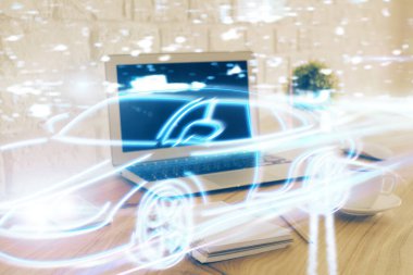 Otomobil hologramı çizimi olan masaüstü bilgisayar arkaplanı. Çoklu maruz kalma. Teknoloji kavramı.