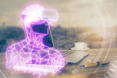 AR tema simgesi olan bilgisayar masaüstünde. Çoklu maruz kalma. Artırılmış gerçeklik kavramı.