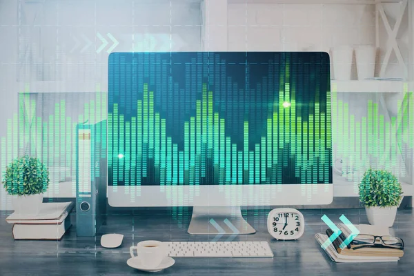Forex grafhologram på bord med datorbakgrund. Dubbel exponering. Begreppet finansiella marknader. — Stockfoto