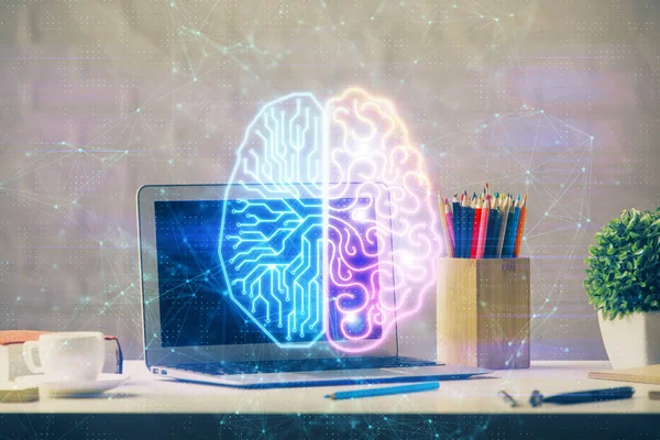 Dubbele blootstelling van desktop computer en menselijke hersenen tekenen hologram. Ai-concept. — Stockfoto