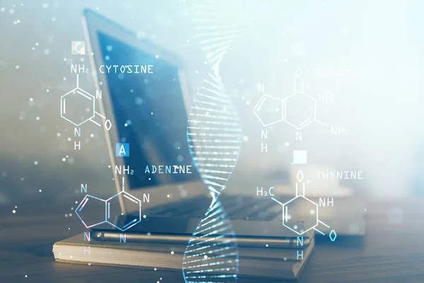 Pozadí stolního počítače a kresba DNA. Dvojité vystavení. Vědecký koncept. — Stock fotografie