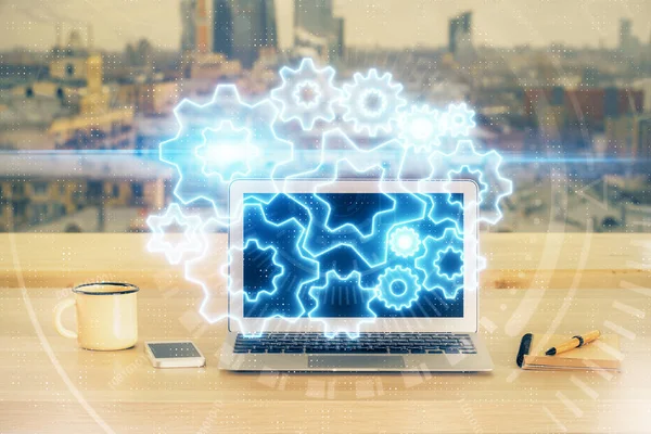 Multi exposure of business theme icons and table with computer background. Concept of success. — Stock Photo, Image