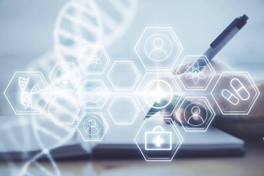 Kadınların el yazısı üzerine DNA temalı hologram. Eğitim kavramı. Çift pozlama
