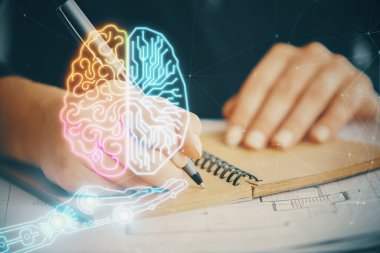 Arka planda beyin hologramıyla el yazısına çok maruz kalmış. Öğrenme kavramı.