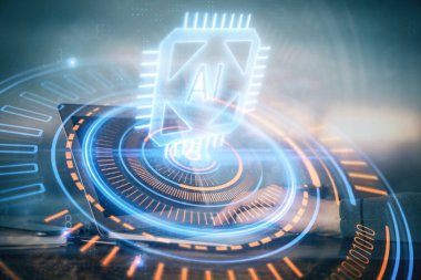 Teknoloji temalı dizüstü bilgisayarda çalışan bir adam. Büyük veri kavramı. Çift pozlama.