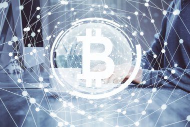 Arka planda bilgisayar üzerinde çalışan bir iş adamıyla engelleme temalı Hud. Kripto zinciri kavramı. Çoklu pozlama.