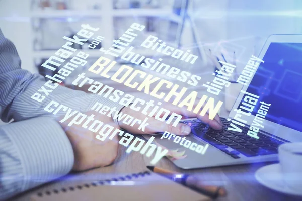 Blockchain theme hud with man working on computer on background. Concept of crypto chain. Double exposure. — Stock Photo, Image