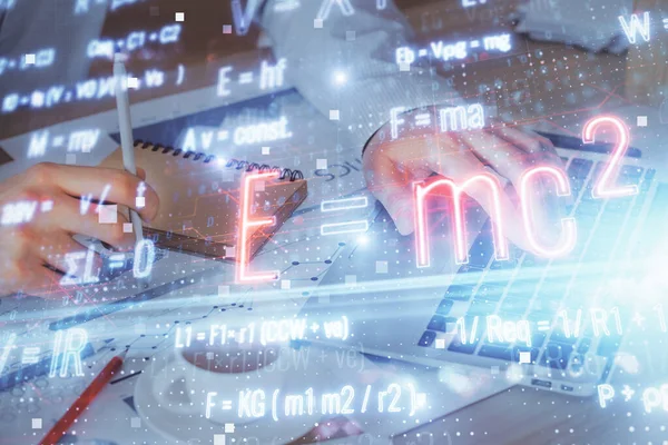 Science formula hologram with man working on computer on background. Education concept. Double exposure.