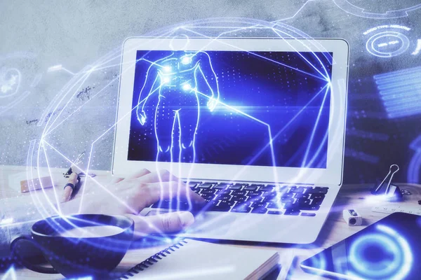 Science hologram with man working on computer on background. Concept of study. Double exposure. — Stock Photo, Image