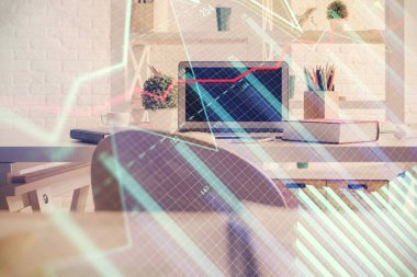 Finansal grafik çizimine ve ofis içi arka planına çifte maruz kalma. Borsa konsepti.