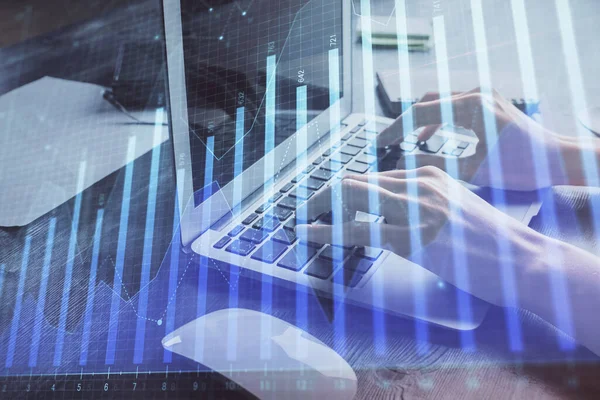 Double exposure of woman hands typing on computer and forex chart hologram drawing. Stock market invest concept. — Stock Photo, Image