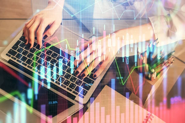 Double exposure of woman hands typing on computer and forex chart hologram drawing. Stock market invest concept. — Stock Photo, Image