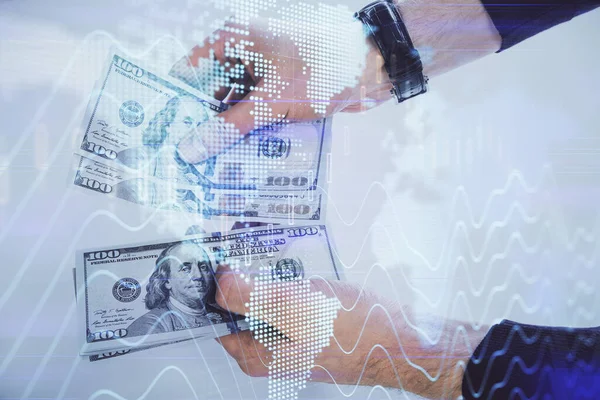 Multi exposure of financial graph drawing hologram and USA dollars bills and man hands. Analysis concept. — Stock Photo, Image