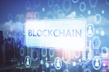 Kripto para birimi temalı hologram çizimi ve şehrin veiw arka planına çift pozlama. Engelleme zinciri ve bitcoin kavramı.