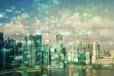 Veri temalı hologram gökdelenler arka planda çoklu pozlama ile şehir görünümüne çizim yapıyor. Büyük veri kavramı.