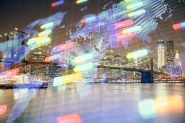 Veri temalı hologram gökdelenler arka planda çoklu pozlama ile şehir görünümüne çizim yapıyor. Ai kavramı.