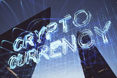 Kripto para birimi temalı hologram çizimine ve şehrin arka planına çoklu maruz kalma. Engelleme zinciri ve bitcoin kavramı.