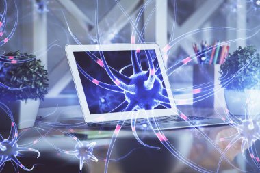 Masaüstü bilgisayar arkaplanı ve nöron çizimi. Çifte maruziyet. Eğitim kavramı.