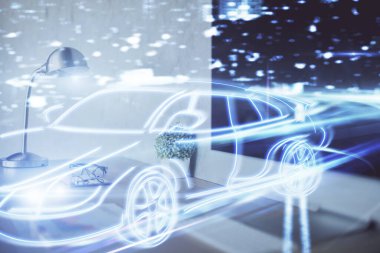 Otomobil hologramı çizimi olan masaüstü bilgisayar arkaplanı. Çoklu maruz kalma. Teknoloji kavramı.