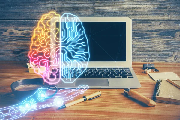 Doppelbelichtung von Desktop-Computer und menschlichem Gehirn, das Hologramm zeichnet. Ai-Konzept. — Stockfoto