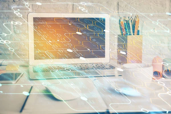 Dubbel exponering av skrivbordet med persondator på bakgrund och tech tema ritning. Begreppet Bigdata. — Stockfoto