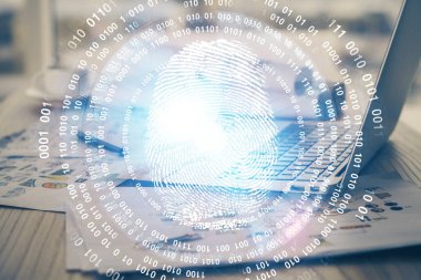 Ofisteki bilgisayarın parmak izi çizimi. Çifte maruziyet. İş veri güvenliği kavramı.