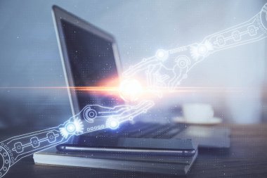 Bilgisayar ve teknoloji temalı çizimlere çifte maruz kalma. Yenilik kavramı.