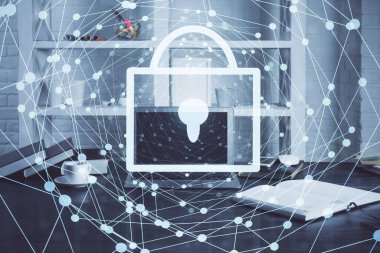 Bilgisayar ve ikon hologramı ile masaüstüne çift pozlama. Veri güvenliği kavramı.