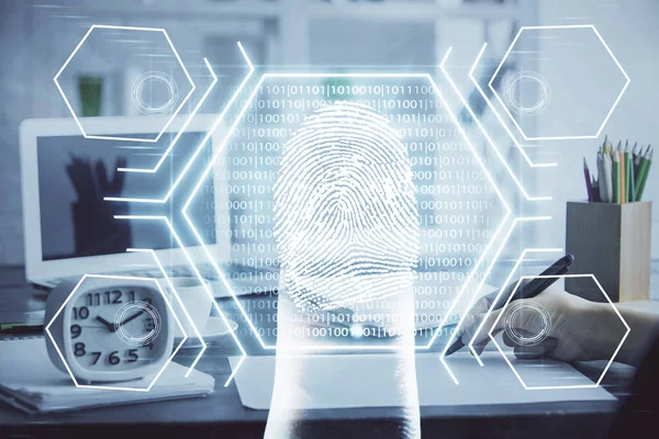 Blå fingeravtryck hologram över händerna med anteckningar bakgrund. Begreppet säkerhet. Dubbel exponering — Stockfoto