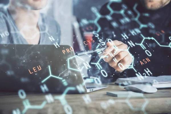 Science formula hologram with man working on computer on background. Education concept. Double exposure.