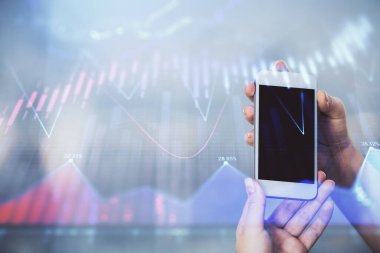 Ön x grafik çizimine çift pozlama hologram ve cep telefonu kullanan bir kadın. Borsa konsepti.