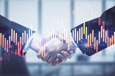 Forx grafik hologramı ve iki adamın el sıkışması. Borsa konsepti.