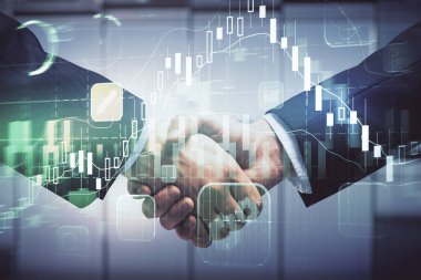 Forx grafik hologramı ve iki adamın el sıkışması. Borsa konsepti.
