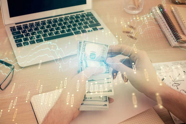 Multi exponering av finansiella diagram rita hologram och USA dollar räkningar och manshänder. Analyskoncept. — Stockfoto