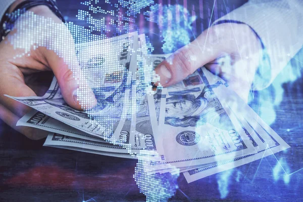 Multi exponering av finansiella diagram rita hologram och USA dollar räkningar och manshänder. Analyskoncept. — Stockfoto