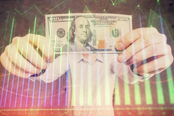 Multi exponering av forex diagram rita hologram och USA dollar räkningar och manshänder. Koncept för teknisk analys. — Stockfoto