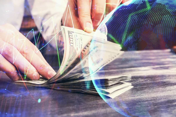 Multi blootstelling van forex grafiek tekenen hologram en Amerikaanse dollars biljetten en man handen. Technisch analyseconcept. — Stockfoto