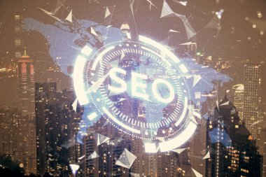 Şehir manzaralı SEO hologramı. Gökdelenler arka planda çift pozlama. Arama optimizasyon kavramı.