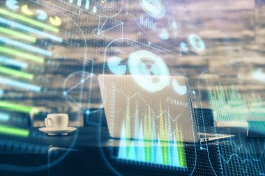 Arka planda bilgisayar ve teknik tema çizimi olan iki kat masaüstü görüntüsü. Büyük veri kavramı.