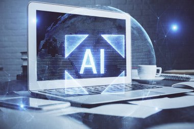 Bilgisayarın arka plan ve teknoloji temalı çizimlerine çoklu maruz kalma. Yenilik kavramı.