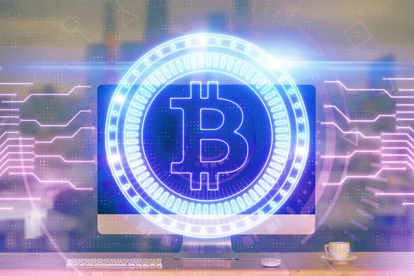 Mehrfachbelichtung des Hologramms und der Tabelle zum Blockchain-Thema mit Computerhintergrund. Konzept der Kryptowährung Bitcoin. — Stockfoto